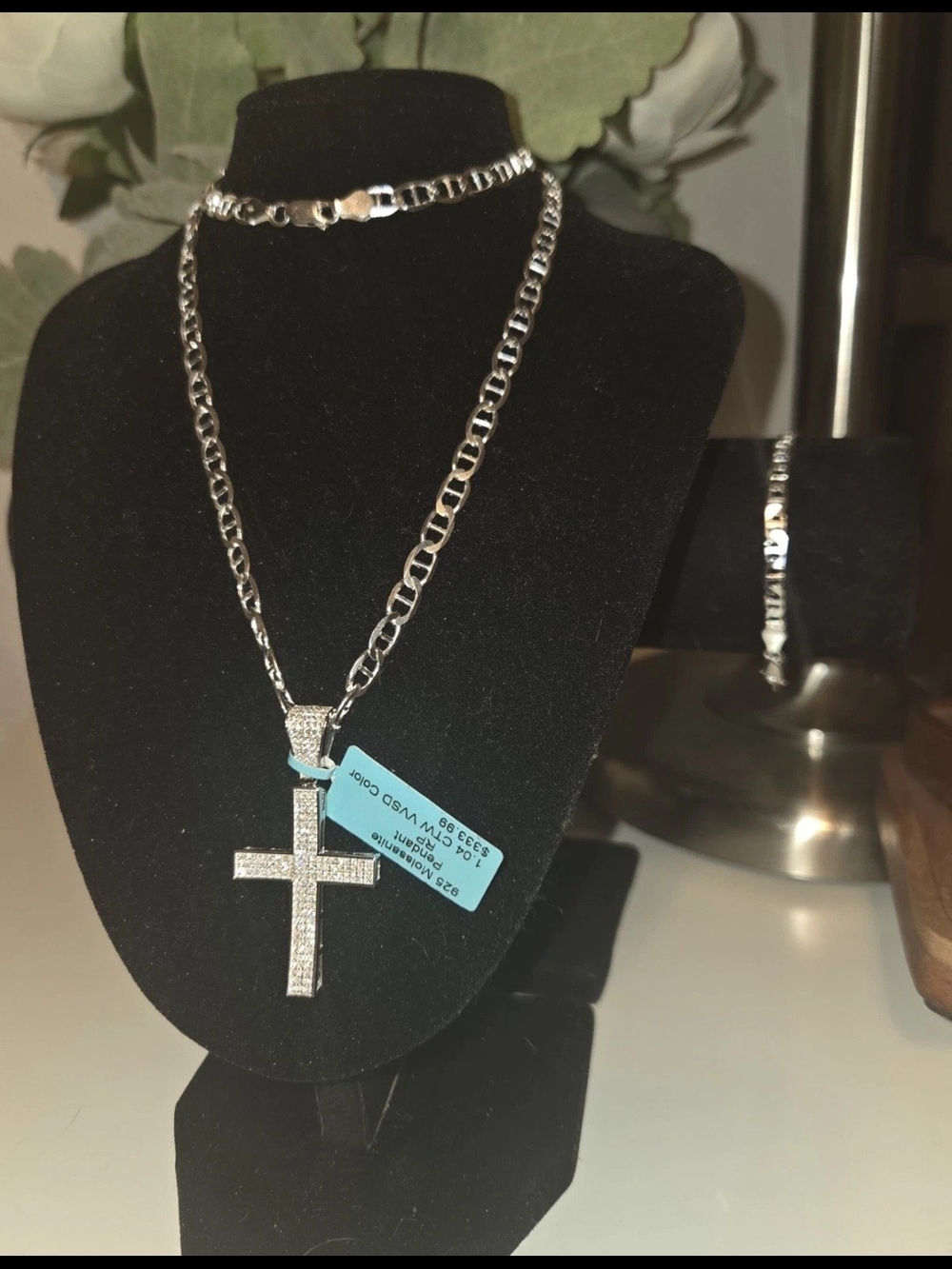 925 Sterling Silver 22in 5.2mm Mariner 7in 4.4mm Bracelet And Mossinate Cross